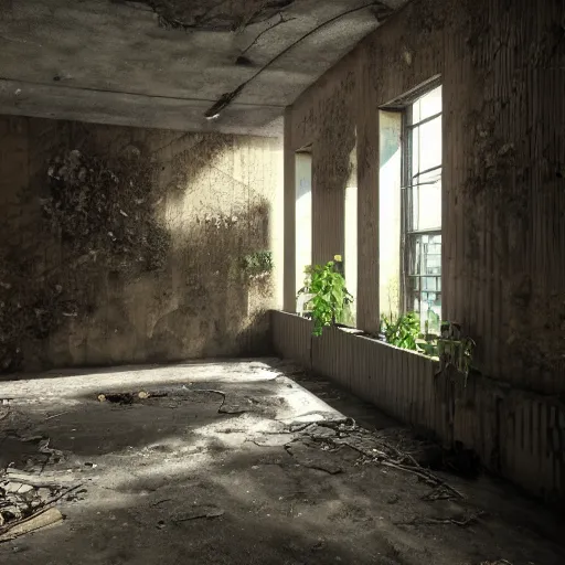 Image similar to interior of a building in an abandoned Manila, light pouring through one tiny window, deserted and decaying concrete, vines growing on the walls, plants sprouting from the floor, unreal engine 5, raytracing, trending on artstation, 8k