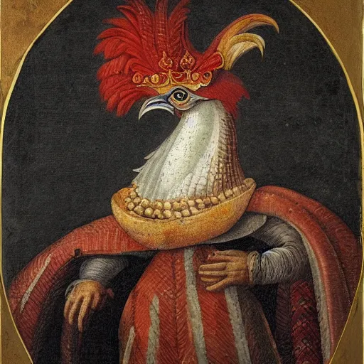 Image similar to a renaissance style portrait of a rooster (Gallus domesticus) wearing a crown and a cape, dark background