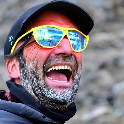 Image similar to jurgen klopp standing atop mount everest taking a selfie, 4 k, photorealistic