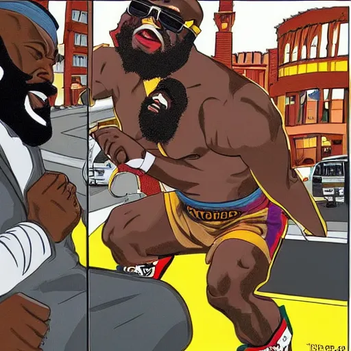 Image similar to mr. t fighting kimbo slice in city street traffic, intricate complexity, extremely detailed, very sharp,