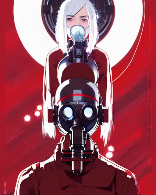 Image similar to white haired cyborg girl wearing gas mask and red dress | | audrey plaza, fine detail!! anime!! realistic shaded lighting!! poster by ilya kuvshinov katsuhiro otomo ghost - in - the - shell, magali villeneuve, artgerm, jeremy lipkin and michael garmash and rob rey