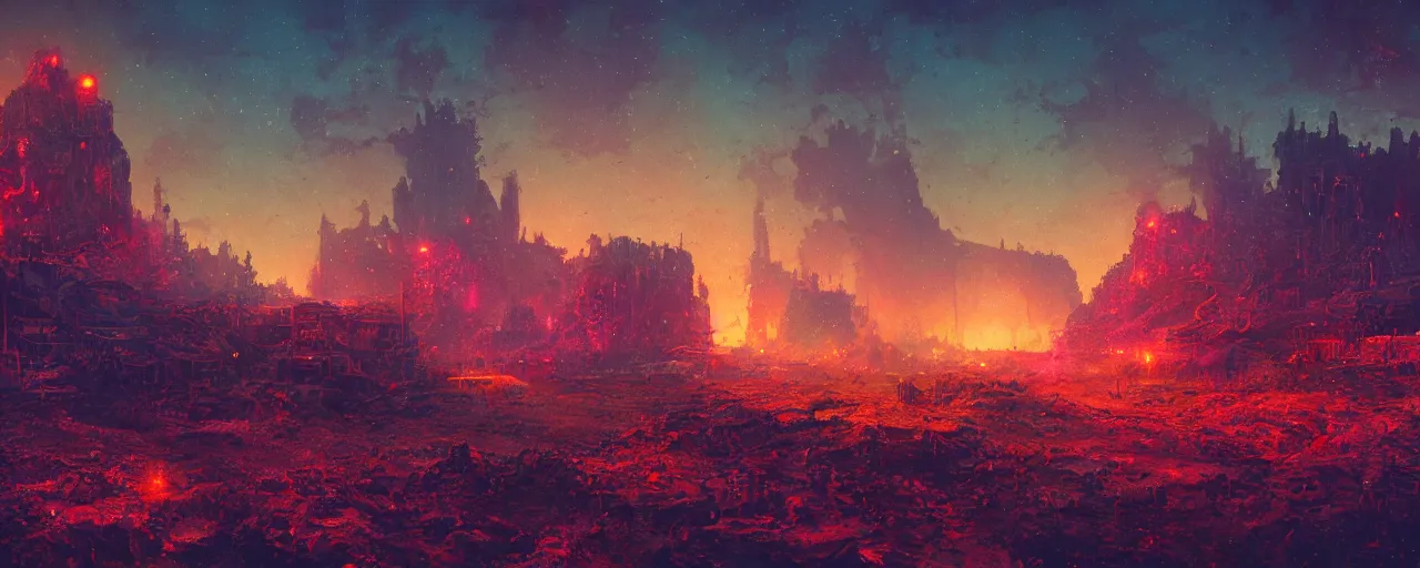 Image similar to ” otherwordly landscape radioactive wasteland, [ cinematic, detailed, epic, widescreen, opening, establishing, mattepainting, photorealistic, realistic textures, octane render, art by paul lehr ] ”