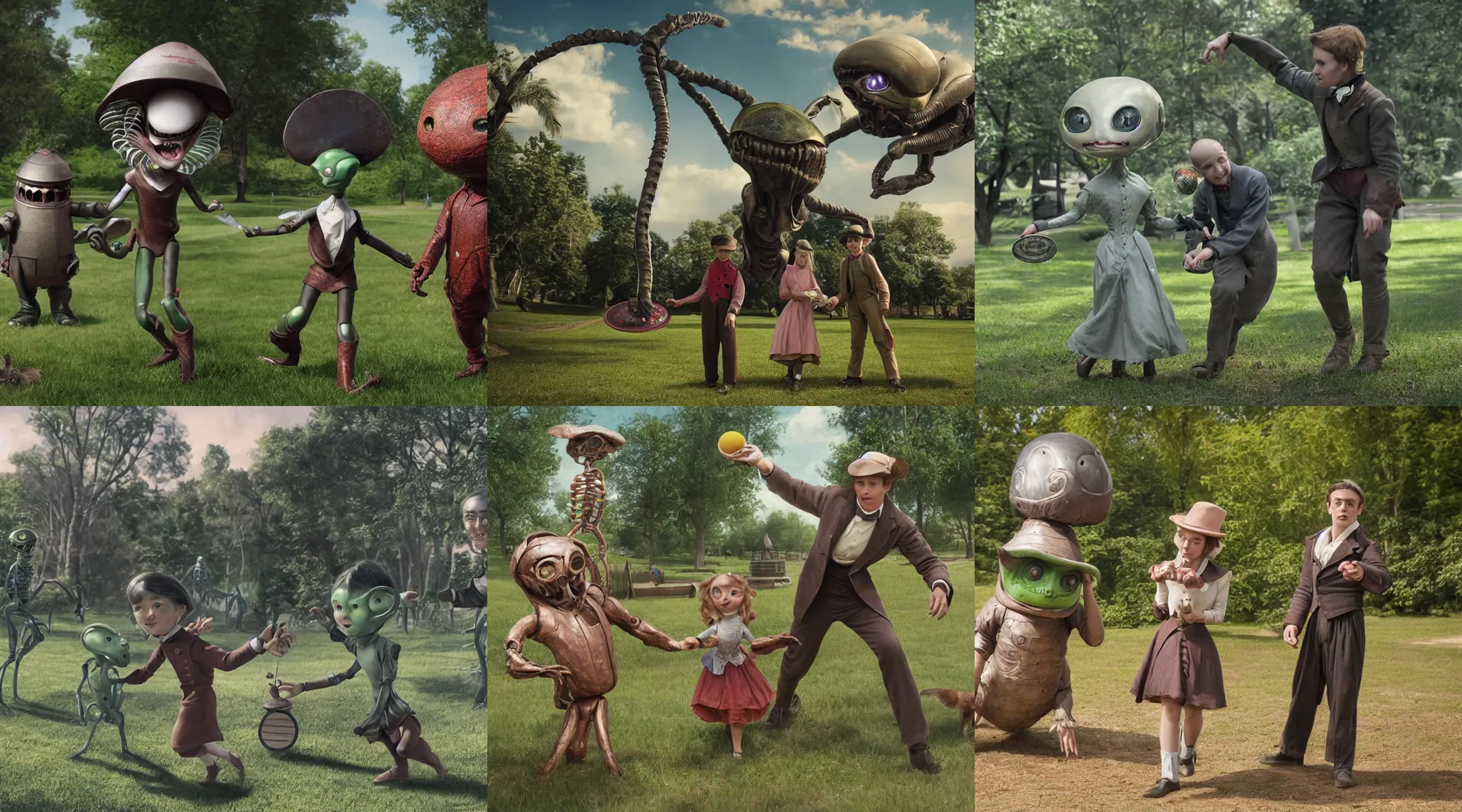 Prompt: detailed, sharp, a boy and a girl playing frisbee with their cute pet humanoid alien, wearing 1850s era clothes, in a park on an alien planet, extremely highly detailed, hyperrealistic, highly detailed faces, 70 mm still from a period sci fi color movie, 4k, HD, cinematic lighting
