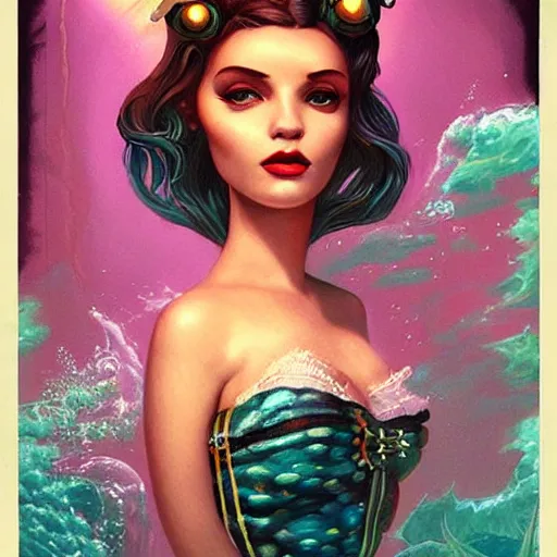Image similar to lofi underwater bioshock portrait of mermaid, Pixar style, by Tristan Eaton Stanley Artgerm and Tom Bagshaw.