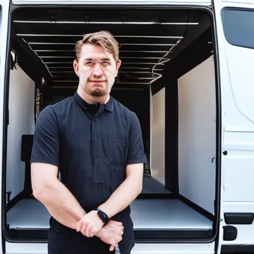 Prompt: a frowning creative director in front of a sprinter van