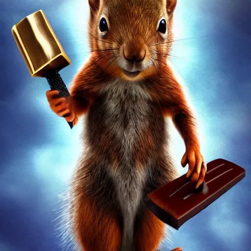 Image similar to a squirrel with thor outfit ~ holding his hammer ~ dramatic thunder background ~ trending ~