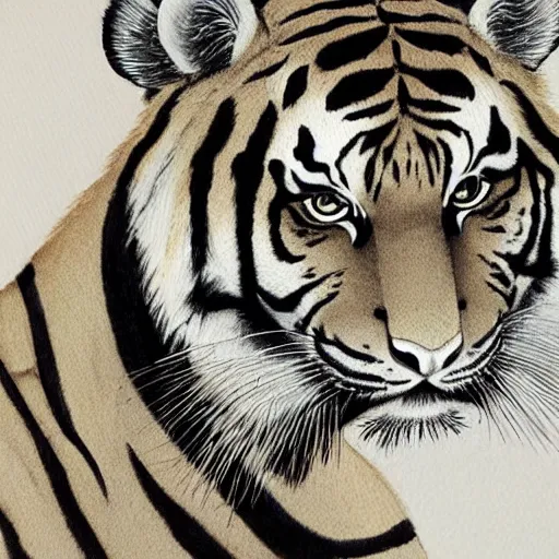 Prompt: tiger head, inkwash painting, highly detailed, traditional japanese art,