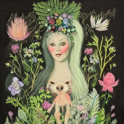 Prompt: In the body art Vasilisa can be seen standing in the forest, surrounded by animals. She is holding a basket of flowers in one hand and a spindle in the other. Her face is turned towards the viewer, with a gentle expression. In the background, the forest is depicted as a dark and mysterious place. botanical illustration, pastel green by Genndy Tartakovsky, by Charles Angrand peaceful