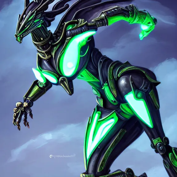 Image similar to extremely detailed giantess shot, close front shot, of a goddess that's a giant beautiful stunning anthropomorphic robot female dragon, standing majestically on a mountain, elegant pose, robot dragon claws, streamlined glowing green armor, detailed sharp metal claws, thick warframe robot legs, long elegant tail, detailed warframe fanart, destiny fanart, high quality digital art, giantess art, furry art, warframe art, Destiny art, furaffinity, DeviantArt, artstation, 8k HD, octane render