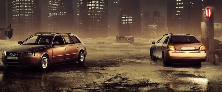 Image similar to Audi A4 B6 Avant (2002), a gritty neo-noir, simon stalenhag, Max Payne (PC) (2001) winter new york at night, dramatic bright lighting, cinematic, establishing shot, extremely high detail, photorealistic, cinematic lighting, artstation, by simon stalenhag, dark night, bright lights, eldritch horror, dark blue filter