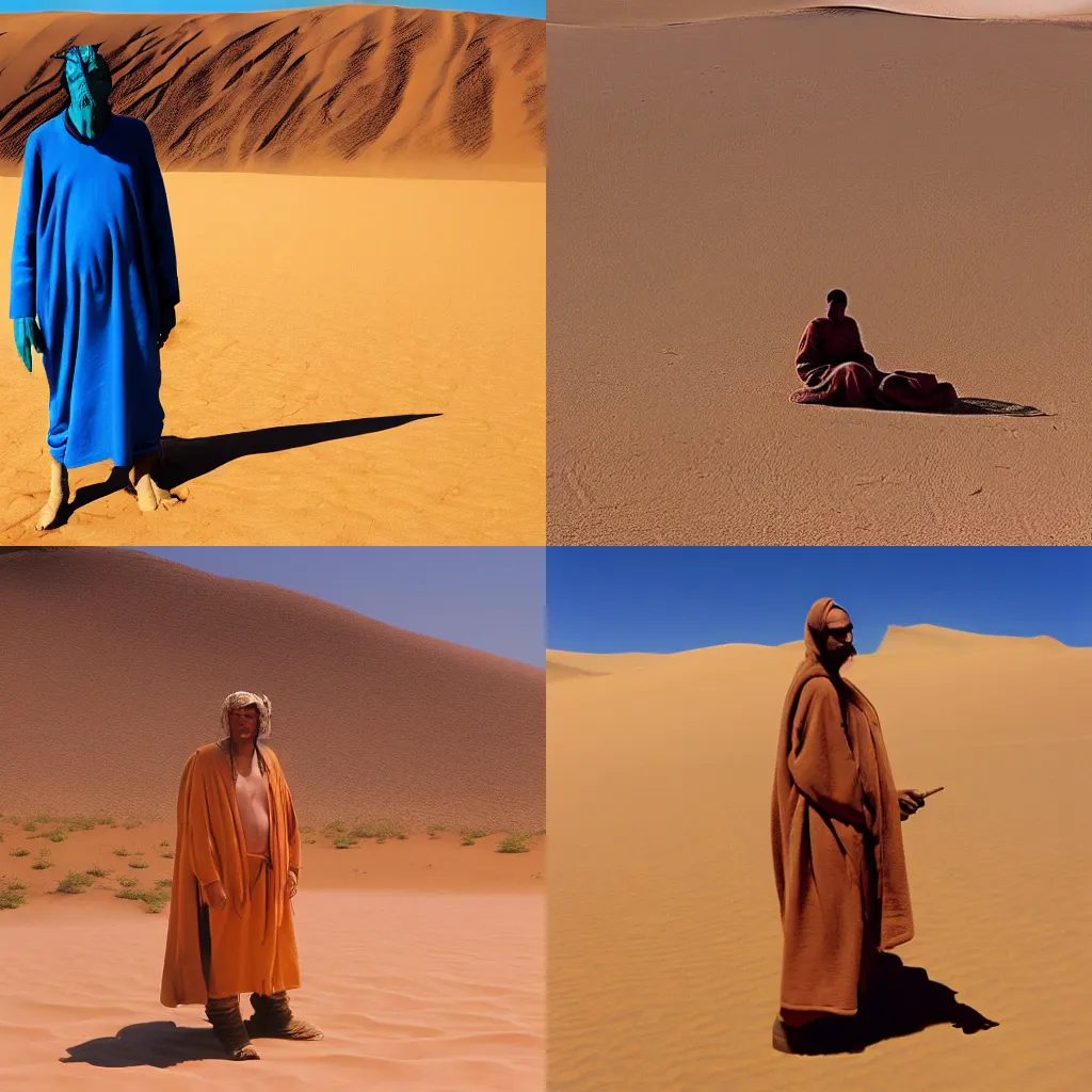 Prompt: a man in a desert smoking weed wearing a brown robe with a fremen stillsuit, clear blue sky, orange sand dunes, pack mule nearby with a carpet saddle, by moebius