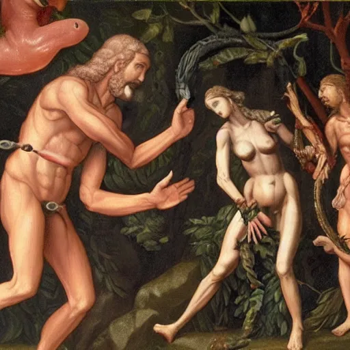 Image similar to Close-up of God being angry in the Garden of Eden. Adam and Eve look very guilty and the snake is leaving the scene quietly - anatomically correct, hyperrealistic