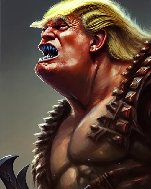 Image similar to trump as orc barbarian | | realistic shaded, fine details, realistic shaded lighting poster by greg rutkowski, magali villeneuve, artgerm, jeremy lipkin and michael garmash and rob rey