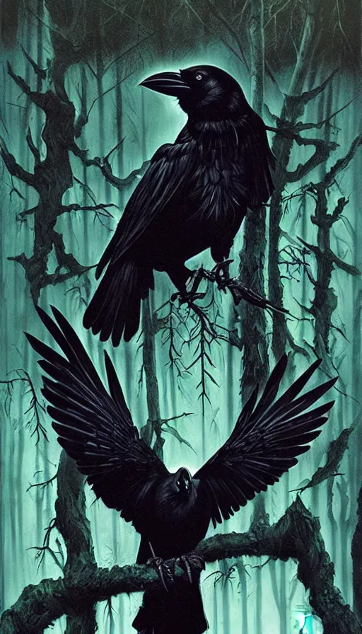 Prompt: a crow in the dark forest, poster art by daniele caruso, benediktus budi, jason edmiston, vc johnson, powell peralta