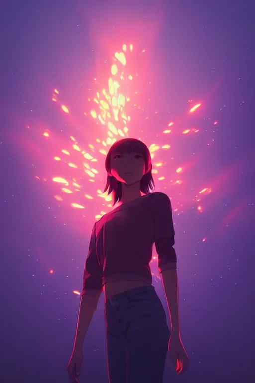 Image similar to 4K hyper detailed portrait of a beautiful liminal embers igniting a black background, flying through the sky, sending flickering aesthetic firefly ashes towards viewer by Makoto Shinkai, by Artgerm, by beeple, by Greg Rutkowski, volumetric lighting, octane render, 4K resolution, trending on artstation, masterpiece
