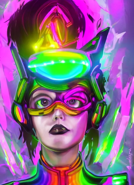 Image similar to full body abstract surreal weird digital drawing portrait of tracer overwatch, confident pose, full body, full body, wearing black jagged iridescent rainbow latex armor, rainbow, neon, 4 k, expressive surprised expression, makeup, wearing large rainbow neon choker, studio lighting, black latex, expressive detailed face and eyes,