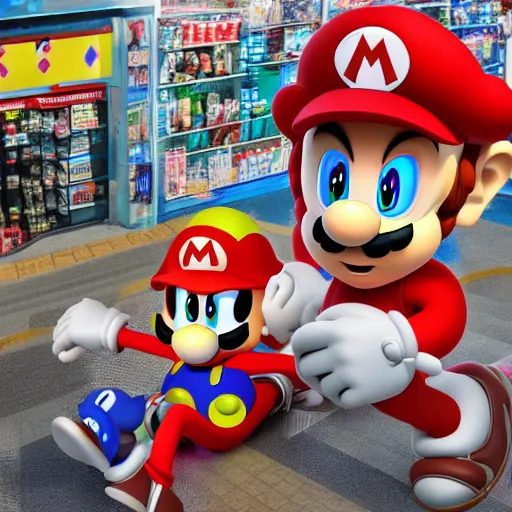 Prompt: Mario and Sonic hanging out at a convenient store in the ghetto, hyper detailed, 4k, octane render