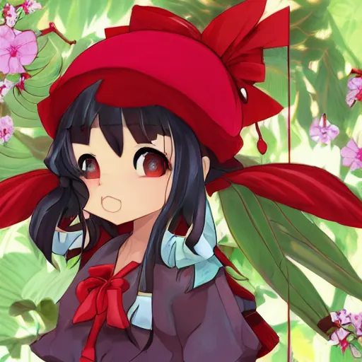 Prompt: a clipstudio of reimu in the jungle wearing bonnet