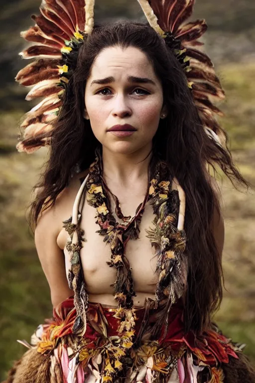 Image similar to Photo of Native Hawaii woman Emilia Clarke, portrait, skilled dancer in Hawaiian national costume, ancient, realistic, detailed, Emilia Clarke