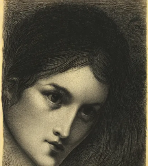 Image similar to black and white, portrait of a woman face in forest, extreme close-up, Gustave Dore lithography