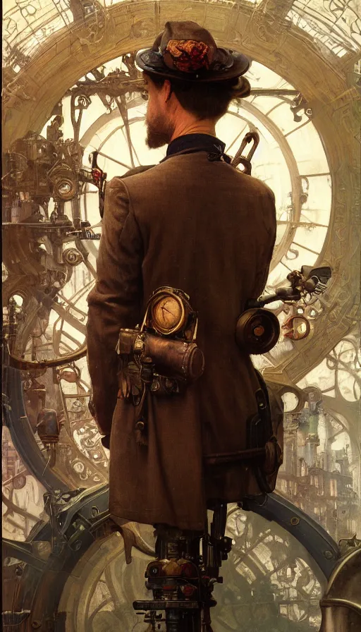 Image similar to hyper realistic photographer looking through camera towards viewer, magical, steampunk, painted by james gurney, norman rockwell, tom bagshaw, mucha, gaston bussiere, craig mullins, j. c. leyendecker 8 k