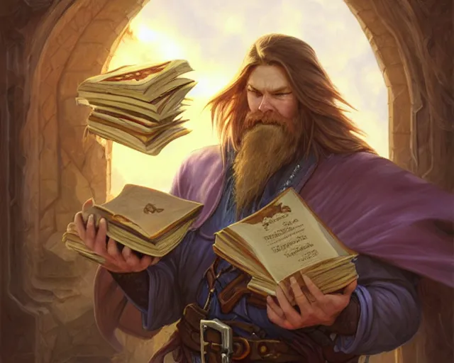 Image similar to smooth mcgroove in final fantasy, holding a stack of books, deep focus, d & d, fantasy, intricate, elegant, highly detailed, digital painting, artstation, concept art, matte, sharp focus, illustration, hearthstone, art by artgerm and greg rutkowski and alphonse mucha