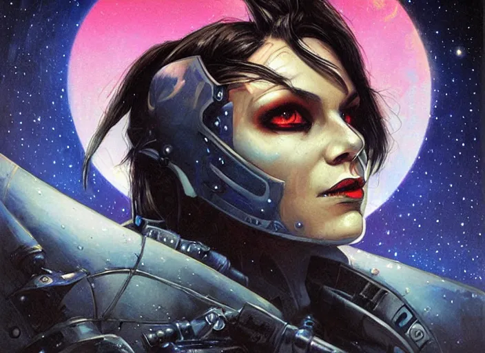 Image similar to portrait of female space pirate, night sky background, beautiful! coherent! by brom, deep color, strong line, high contrast