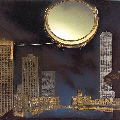 Prompt: photorealistc full - color painting of a broken and distorted mirror reflecting a nightmarish boston downtown skyline in 1 9 2 5 at night with a horrifying sky, aerial view, dark, brooding, night, atmospheric, horror, cosmic, ultra - realistic, smooth, highly detailed by dave dorman