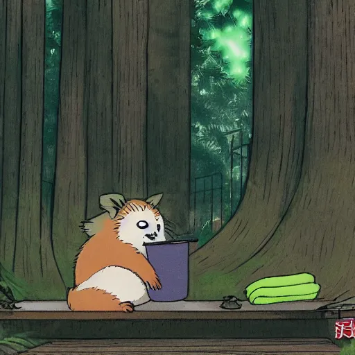 Image similar to Tanuki doing his laundry in the style of Hayao Miyazaki