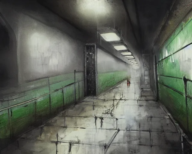 Prompt: urban overgrown subway decay gothics, comic style painting with oil on cardboard, intense brushstrokes with rough brush, cinematic color palette, 4K