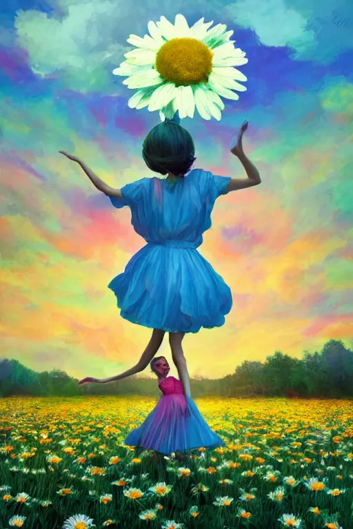 Image similar to giant daisy flower as head, girl dancing in a flower field, surreal photography, sunrise, dramatic light, impressionist painting, colorful clouds, digital painting, artstation, simon stalenhag