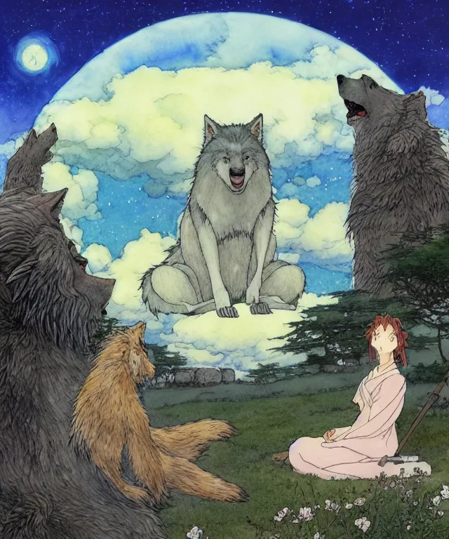 Image similar to a hyperrealist studio ghibli watercolor fantasy concept art. in the foreground is a giant long haired grey wolfman sitting in lotus position on top of stonehenge with shooting stars all over the sky in the background. by rebecca guay, michael kaluta, charles vess