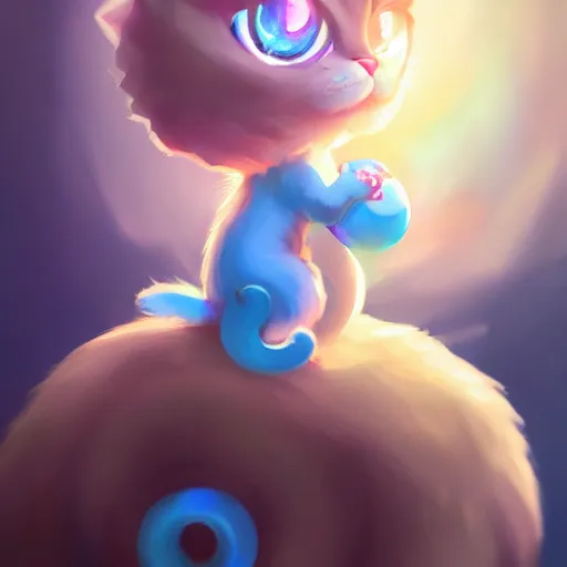 Image similar to cinematic portrait of cute Mew riding large blue bubble, oil on canvas, masterpiece, trending on artstation, featured on pixiv, cinematic composition, dramatic pose, beautiful lighting, sharp, details, hyper-detailed, HD, HDR, 4K, 8K