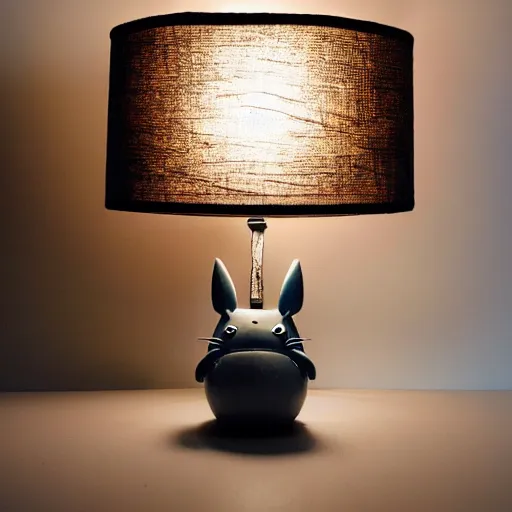 Image similar to a lamp sitting on a shelf in a dark room. the lamp is shaped like totoro. the room is dark. the lamp lights the room. comic books on shelf behind lamp