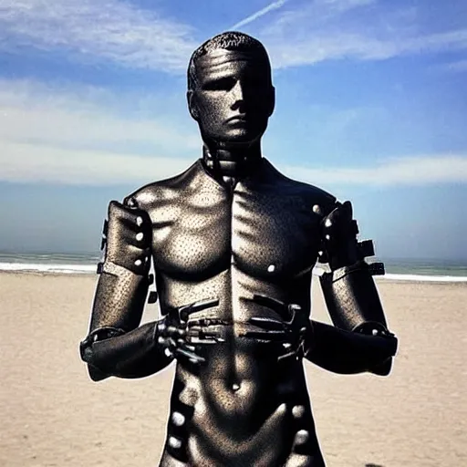 Image similar to “a realistic detailed photo of a guy who is an attractive humanoid who is half robot and half humanoid, who is a male android, Mike the Situation, shiny skin, posing like a statue, blank stare, at the beach, on display”