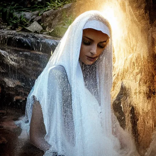 Image similar to beautiful Arab woman, white transparent veil black hair, bathing in a waterfall, ethereal, emotive, fine art, water mist, mystical, Romanticism, golden light