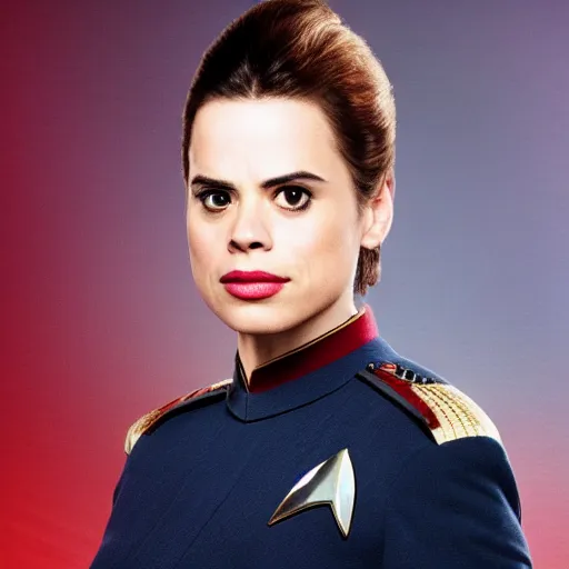 Image similar to a beautiful full body photograph of younger hayley atwell as a star fleet officer from star trek next generation, full dress uniform, smaller lips, symmetrical face, extreme realism and detail, 8 k, completely framed, direct lighting, 3 5 mm photo, photorealistic, sharp focus