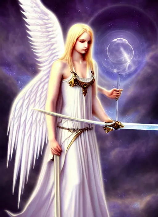 Image similar to a white angel holding a sword and a sword, digital art by artgem, Anne Stokes, deviantart, fantasy art, angelic photograph, wiccan, deviantart