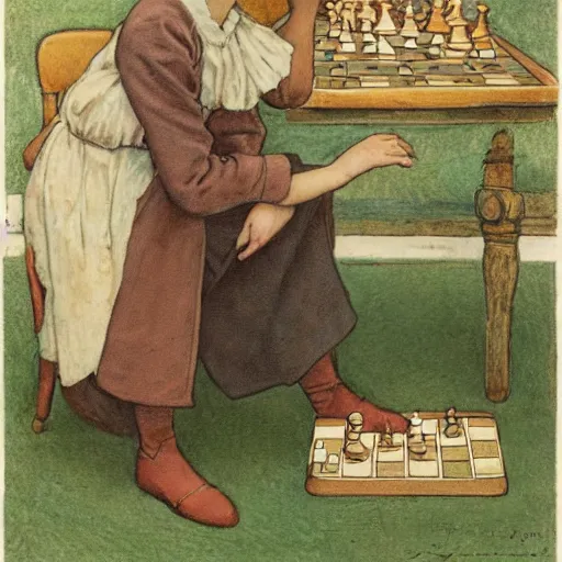 Prompt: a young edwardian woman playing chess against a rabbit, in the style of carl larsson