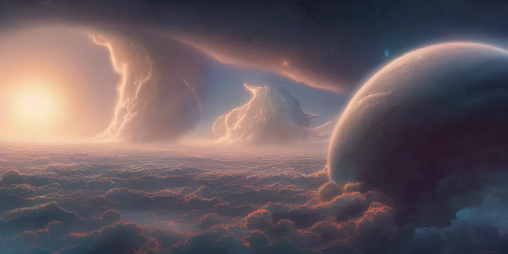 Image similar to beautiful digital illustration of a curvilinear Comet coming toward earth by Andreas Rocha, curvilinear architecture, fluffy pastel clouds, cinematic, architecture, concept art, deviantArt, artsation, artstation HQ, HD, 16k resolution, smooth, sharp detail, amazing depth, octane, finalRender, Unreal Engine