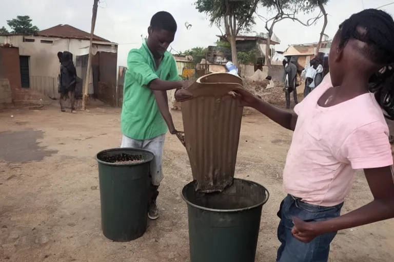 Image similar to a guy putting a dustbin over the head of a girl