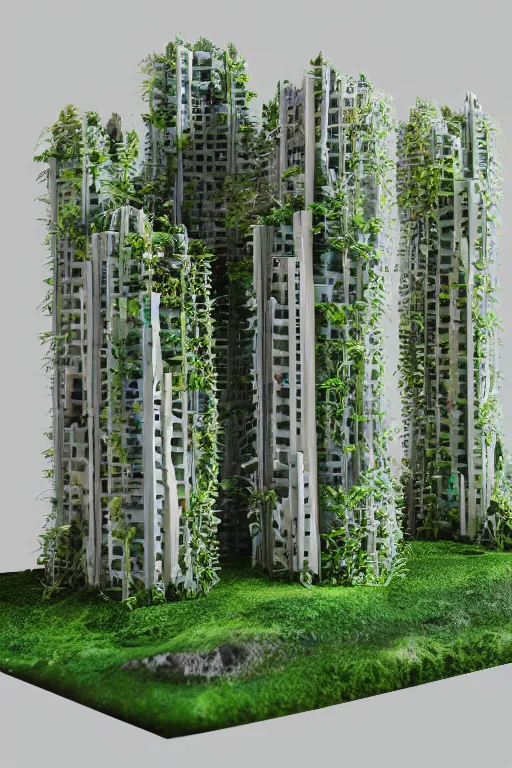 Image similar to 3 d printed physical model organic flowy including more than one city into one vertical building model that sits on a table in a room with a view back, multiple stories, with lush vegetation, colorful, 8 0 k, octane render, highly detailed 3 d render,