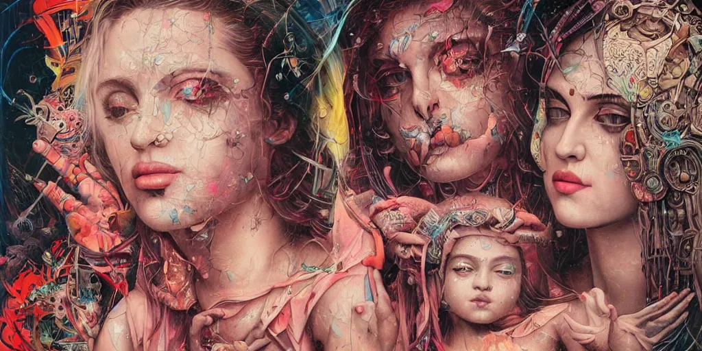 Image similar to portrait of Madonna and Child ,8k,by tristan eaton,Stanley Artgermm,Tom Bagshaw,Greg Rutkowski,Carne Griffiths, Ayami Kojima, Beksinski, Giger,trending on DeviantArt,face enhance,hyper detailed,minimalist,cybernetic, android, blade runner,full of colour, super detailed