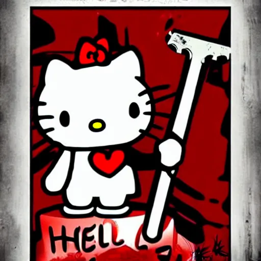 Image similar to a horror movie poster featuring Hello Kitty holding a axe