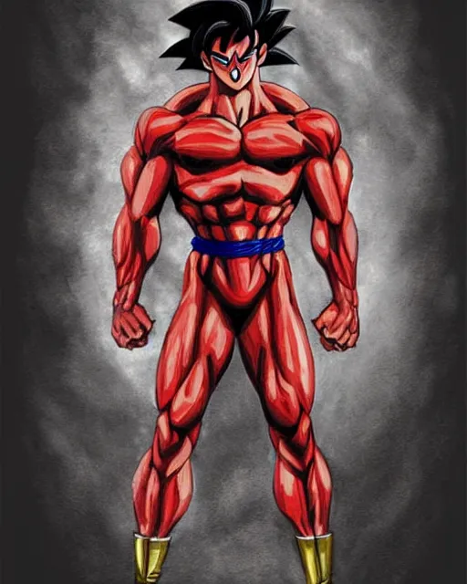 Image similar to gigachad goku bodybuilder in tokyo wearing a red suit by ilya, ernest khalimov body by krista sudmalis, super mario bros symmetrical face concept art, hyper realistic, intricate, elegent, highly detailed, digital painting, concept art, smooth, sharp, focus, illustration, art by artgerm and greg rutkowski and alphonse mucha, artstation