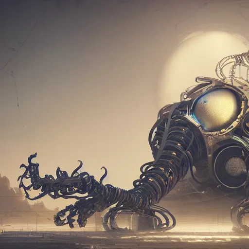 Prompt: robot making modular synth music, art by wagner kuroiwa tristan eaton, stanley artgermm, tom bagshaw, greg rutkowski, carne griffiths, ayami kojima, beksinski, giger, trending on deviantart, photorealistic, vray, hdr, hyper detailed, dramatic lighting, octane render, weta digital, 3 d sculpture