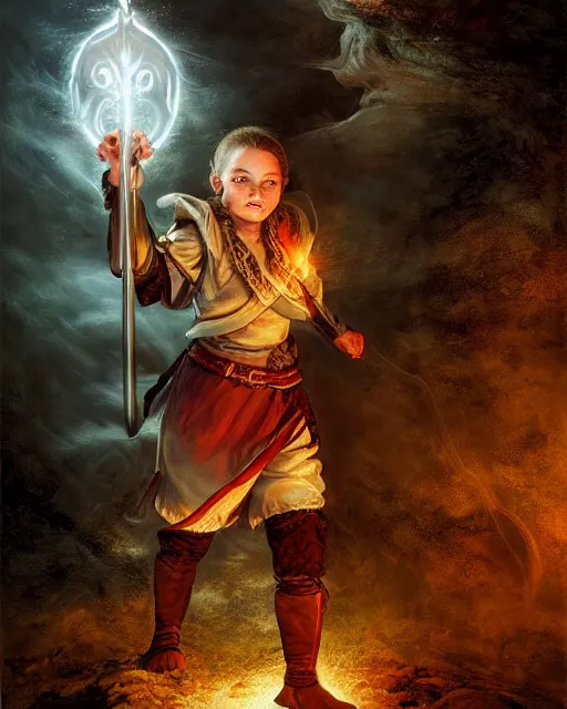 Image similar to full body portrait of a female halfling hobbit monk fistfighter, hallucinating a holy vision of her goddess of mist and light, flowing robes and leather armor, detailed dynamic light painting by albrecht anker