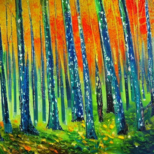 Prompt: paint splatter of a forest with green, blue, red tree trunks. acrylic of canvas, impressionist painting