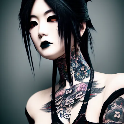 Image similar to japanese gothic model with maximalist hair style and kanji tattoos, dark colors, fashion model, portrait shot, depth of field, 8 k, hyper detailed, intricate, trending on artstation