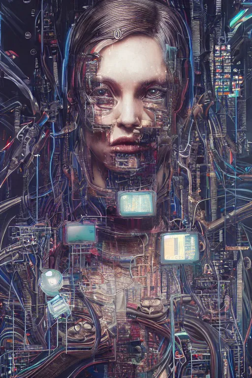 Prompt: portrait of computer & circuits, melting, the billionaire, 8 k, by tristan eaton, stanley artgermm, tom bagshaw, greg rutkowski, carne griffiths, ayami kojima, beksinski, giger, trending on deviantart, face enhance, hyper detailed, minimalist, cybernetic, android, blade runner, full of colour, super detailed